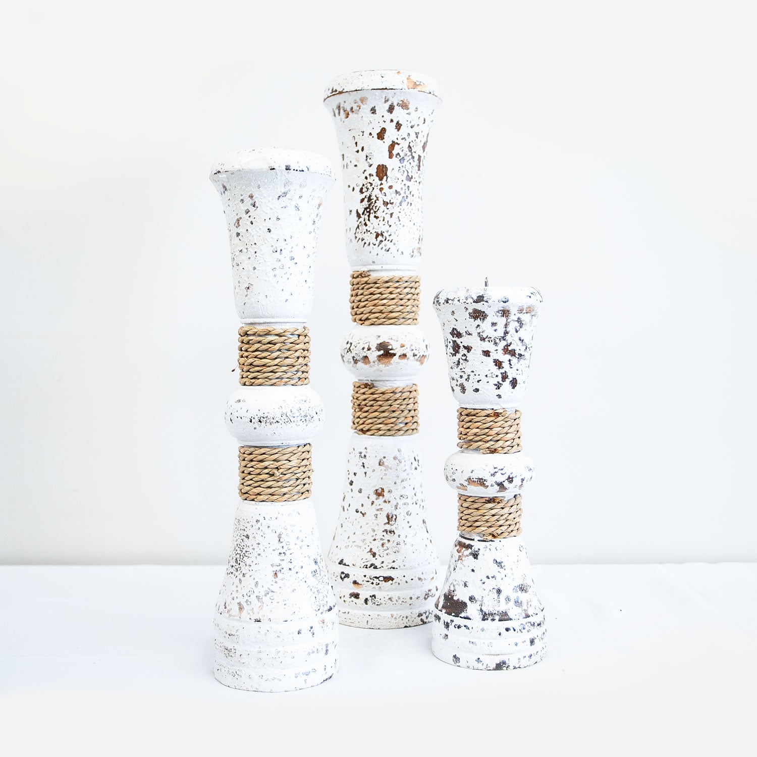 Distressed Whitewashed Candlestick Set