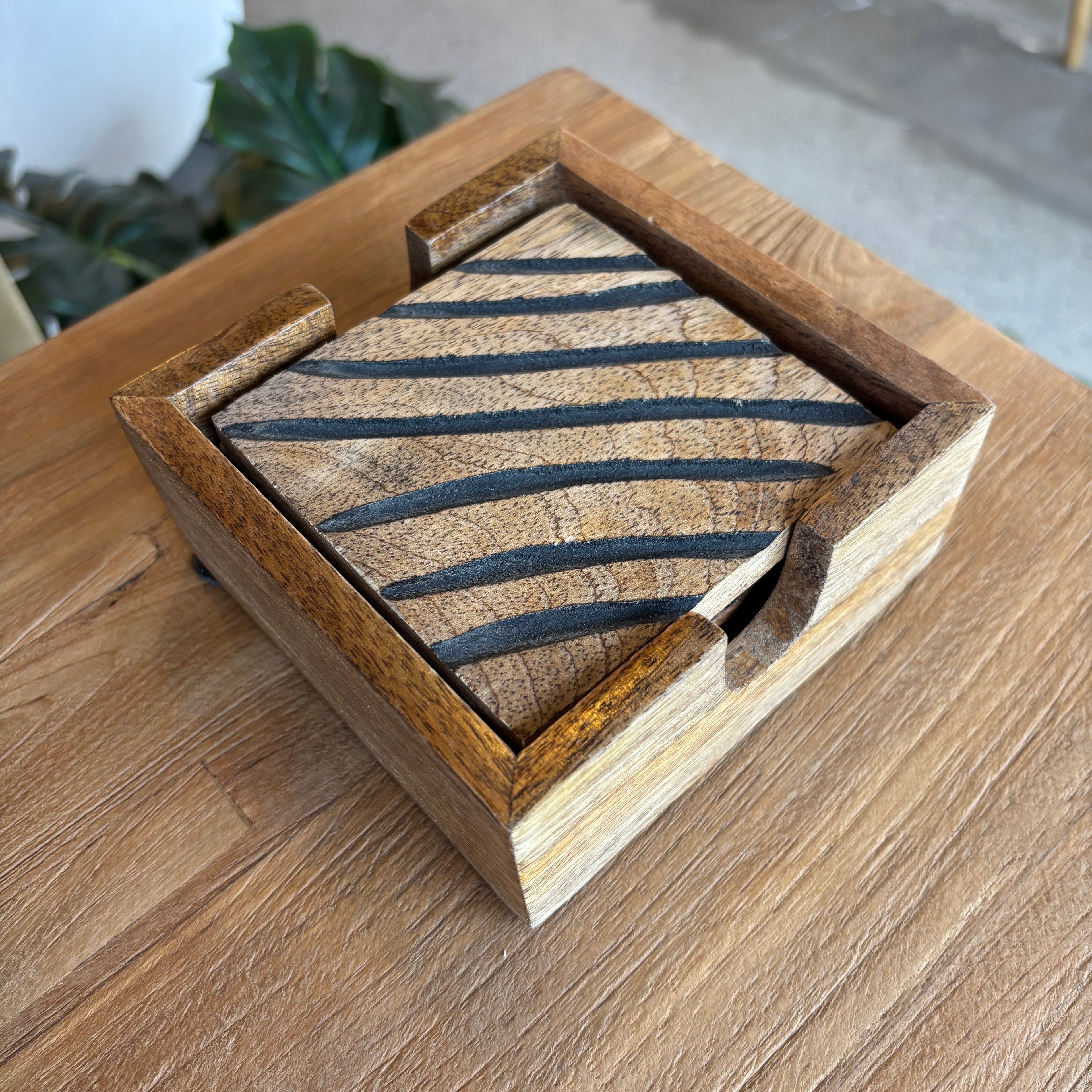 Carved Wood Coasters - Burnt Stripe