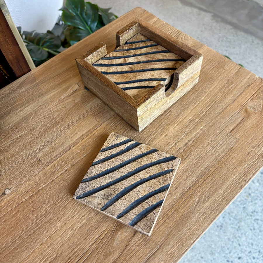 Carved Wood Coasters - Burnt Stripe