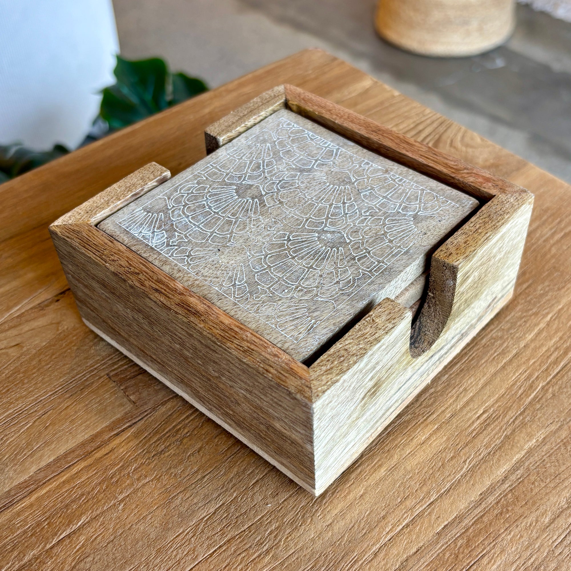 Carved Wood Coasters - Whitewash