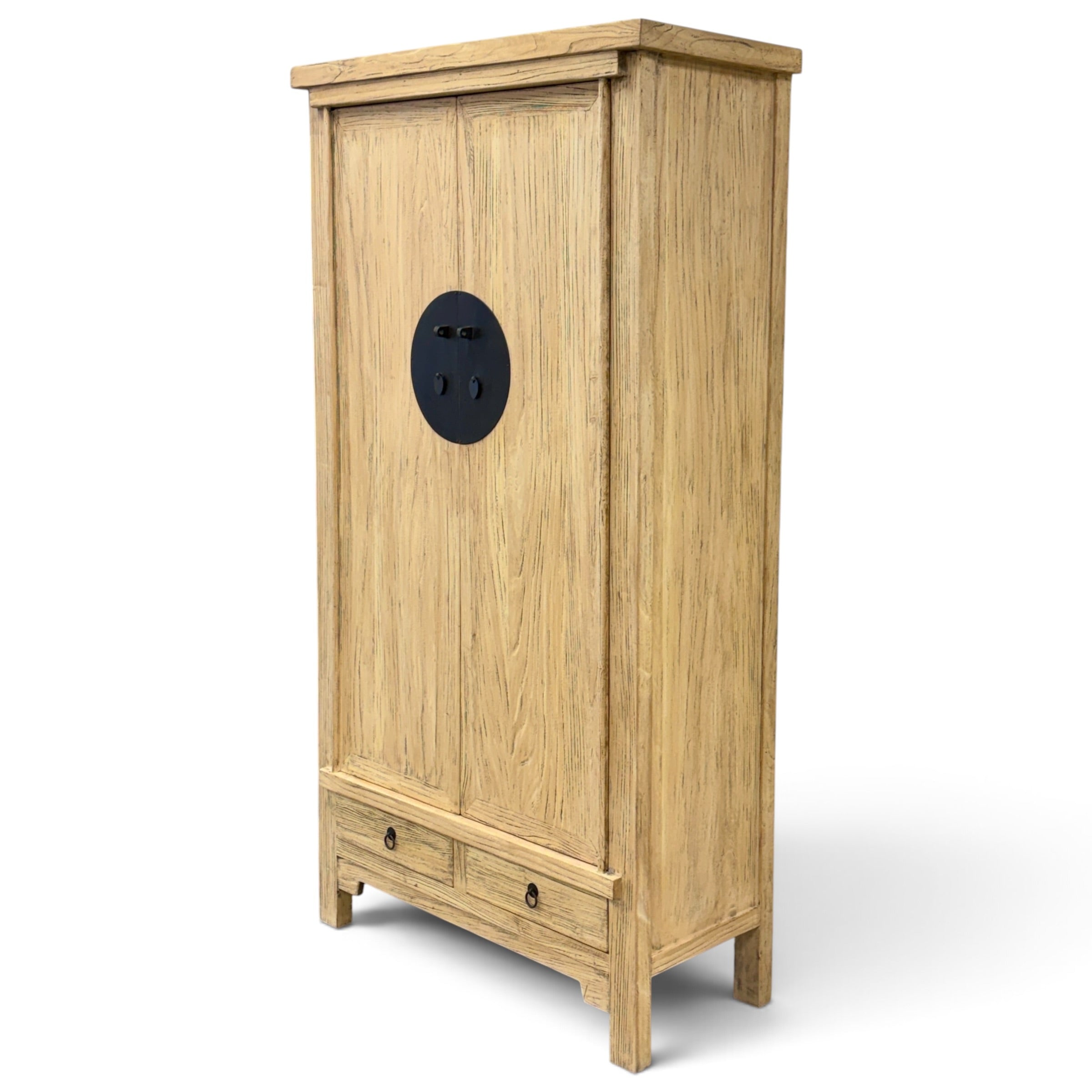 Angled view of Angus Cabinet in elm with two tall doors, two lower drawers and black metal hardware