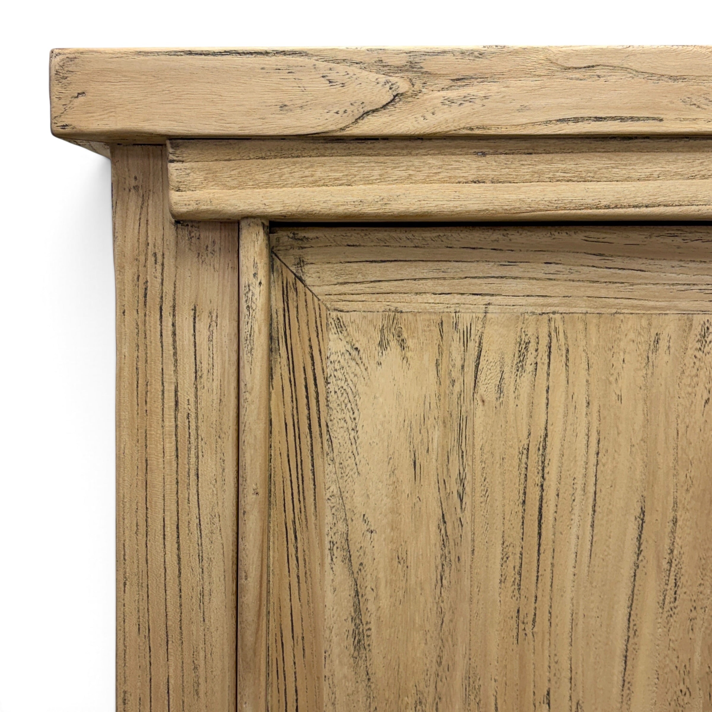 Close-up of the textured elm timber grain and distressed natural finish on the Angus Cabinet