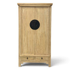Front view of Angus Cabinet in elm with double doors, two drawers and statement round black metal hardware