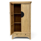 Angus Cabinet in elm with door open showing spacious internal shelving and two lower storage drawers