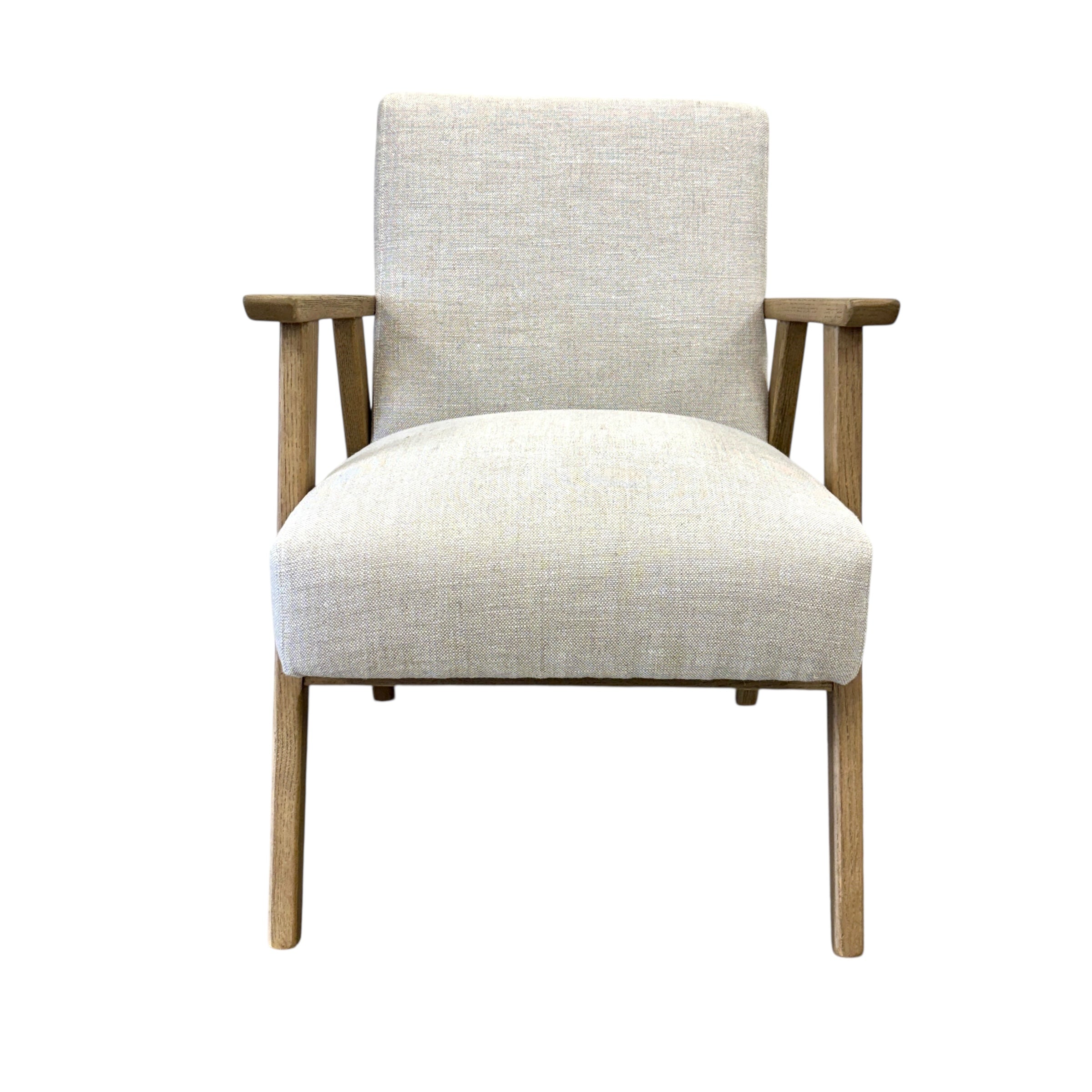 Ascot armchair in Oat linen with a mid-century inspired design and solid oak legs.