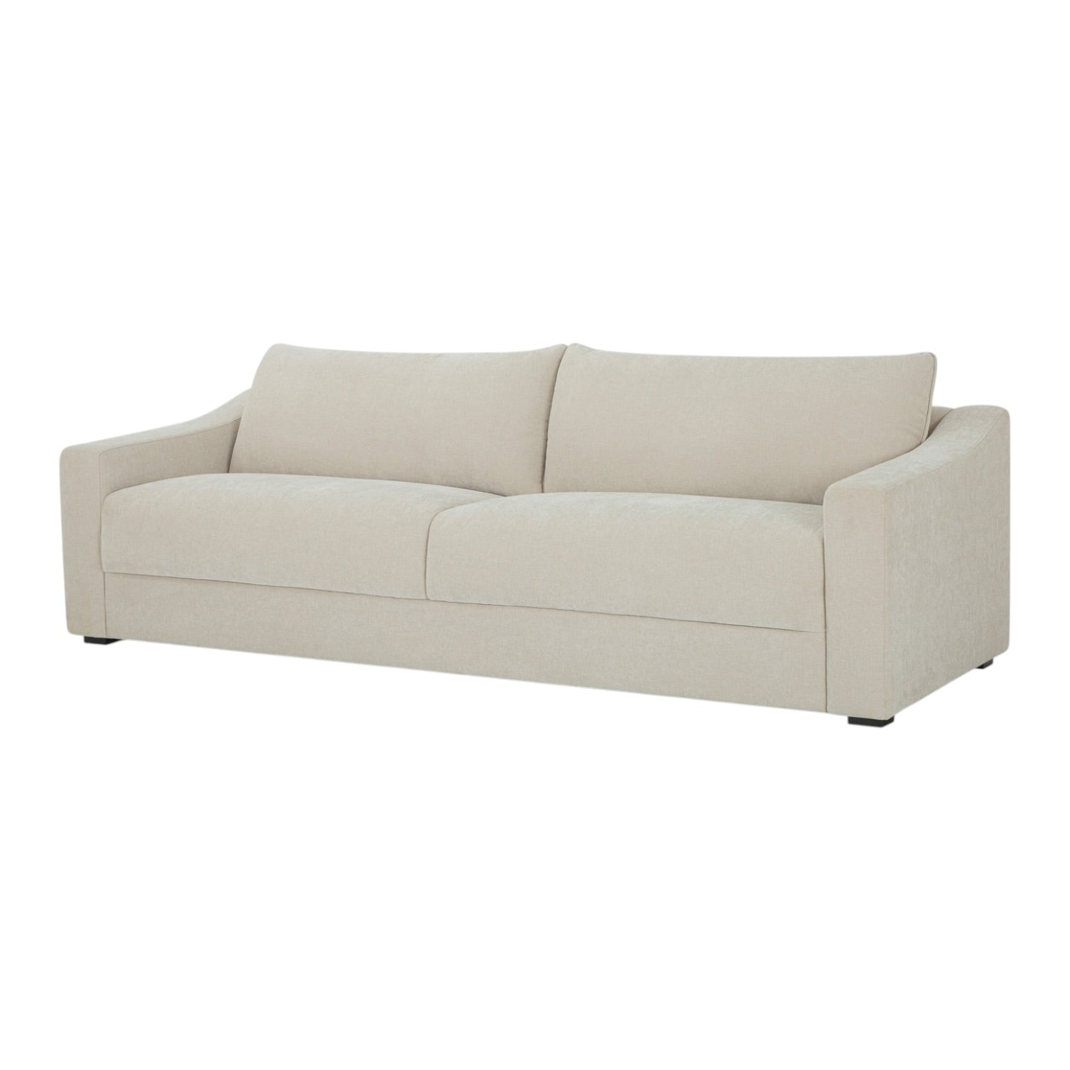 Angled view of the Asha sofa, showcasing its clean lines and comfortable seating.