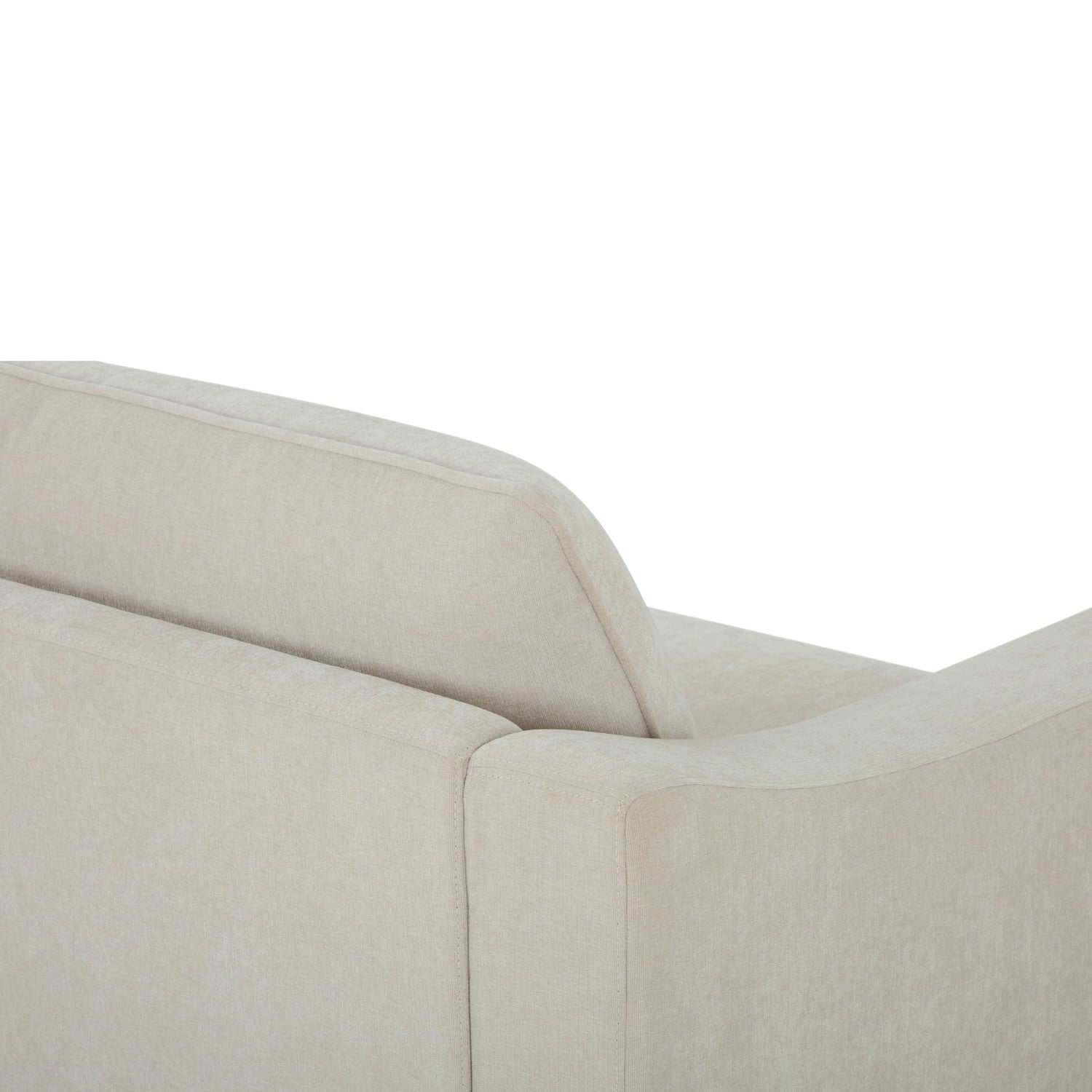 Close-up of the Asha sofa's back cushions, showcasing the soft fabric upholstery and supportive cushioning.
