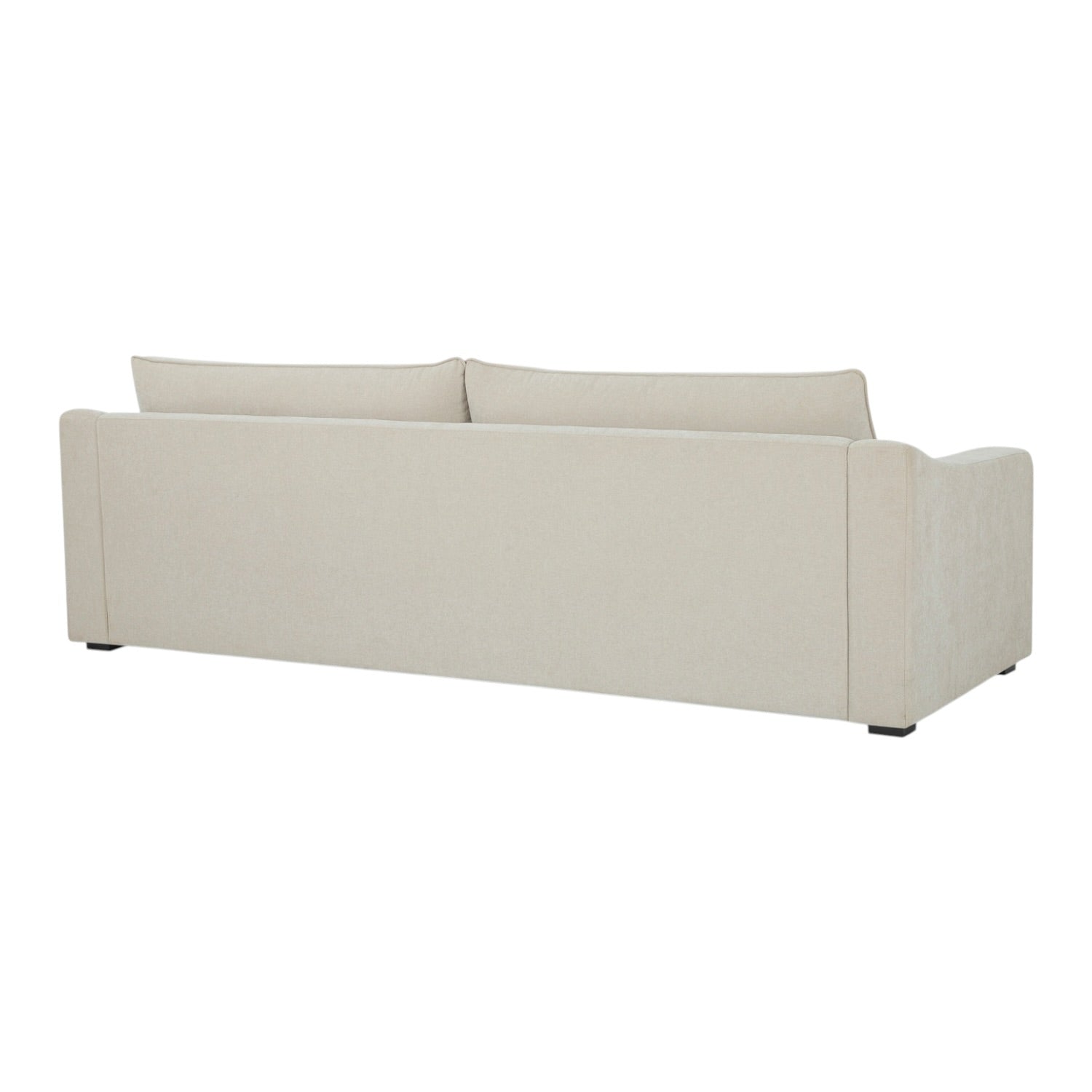 Rear view of the Asha sofa, highlighting its upholstered finish and contemporary silhouette.