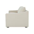Side view of the Asha sofa arm, showcasing its contemporary shape and upholstered design.