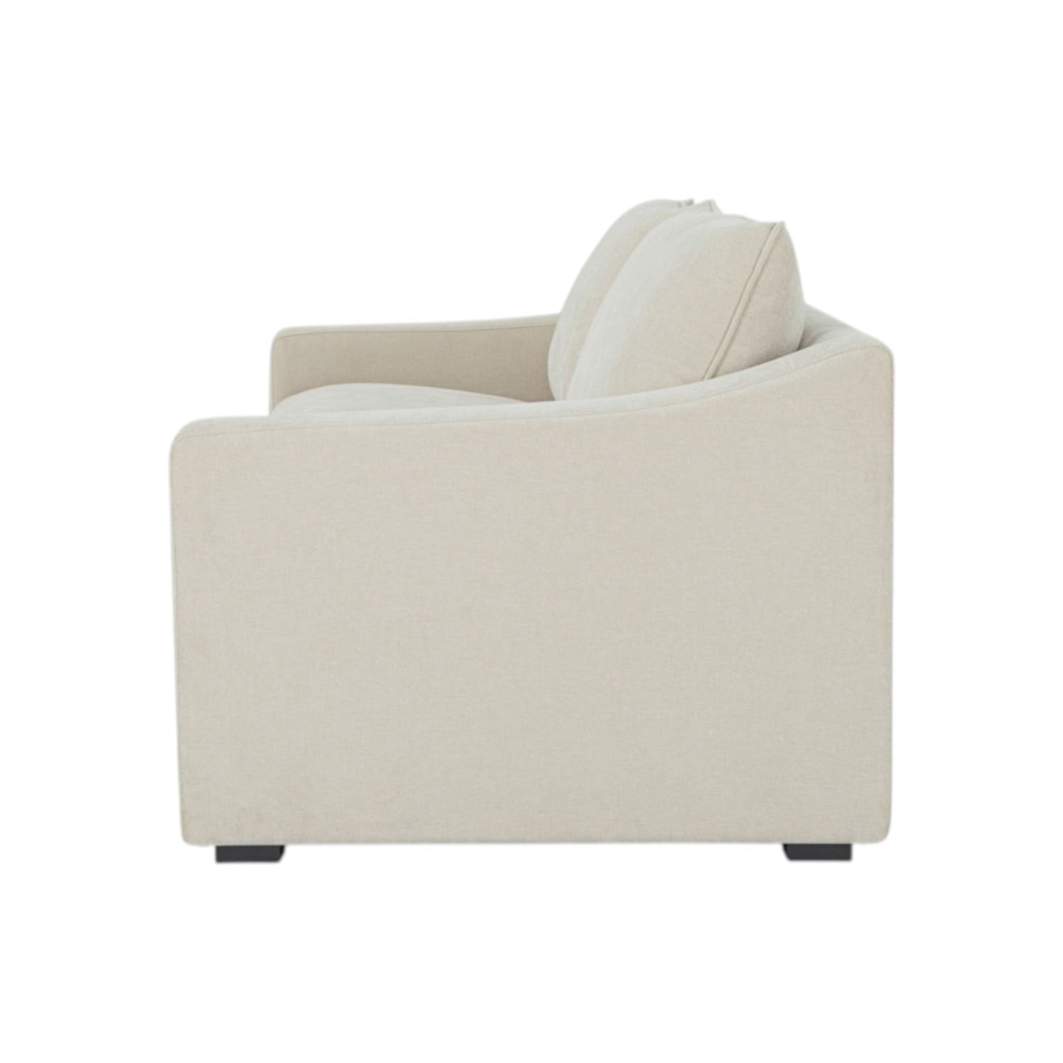Side view of the Asha sofa arm, showcasing its contemporary shape and upholstered design.