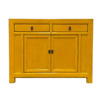 Front view of Elliot Sideboard in distressed saffron finish with two drawers, two doors and dark metal handles