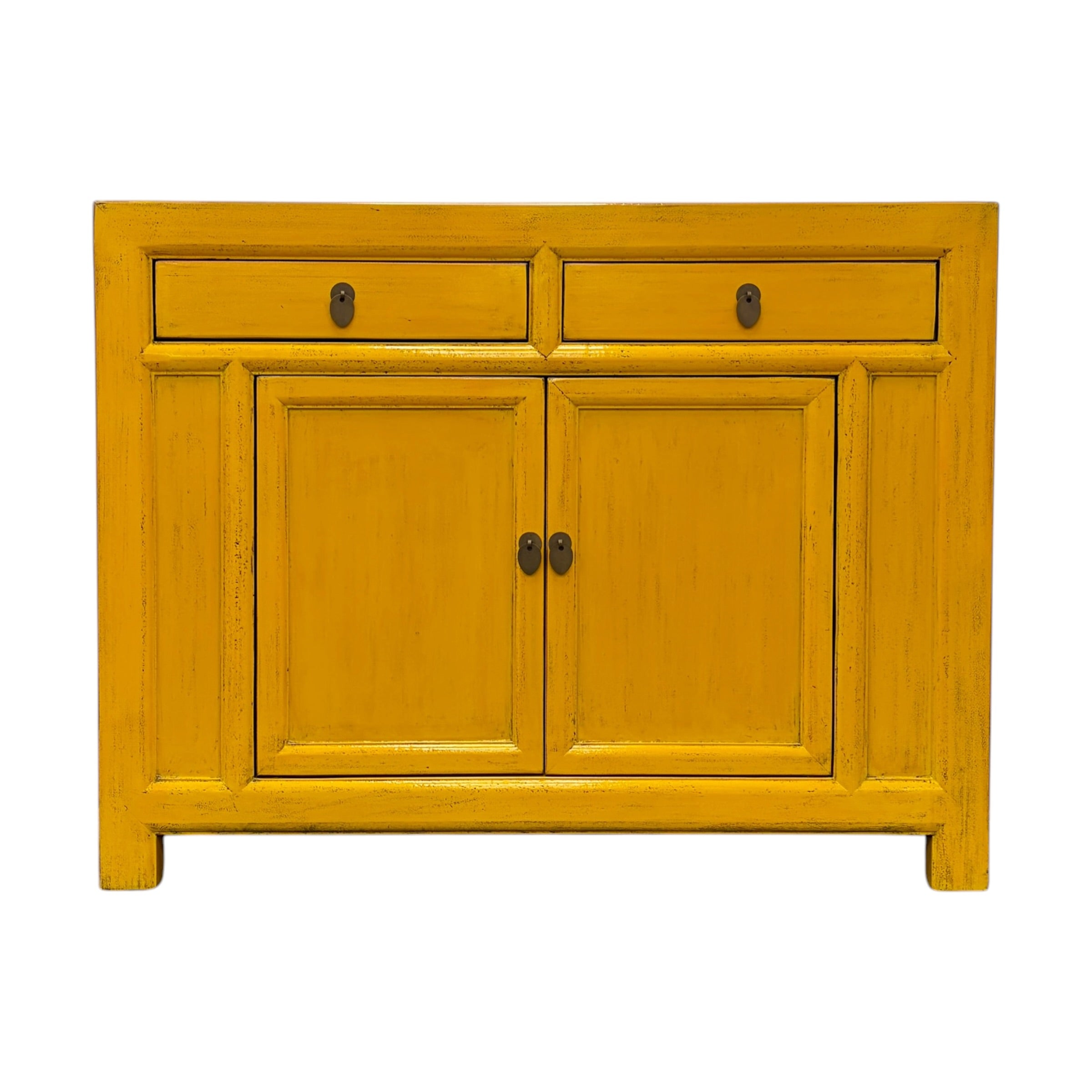 Front view of Elliot Sideboard in distressed saffron finish with two drawers, two doors and dark metal handles