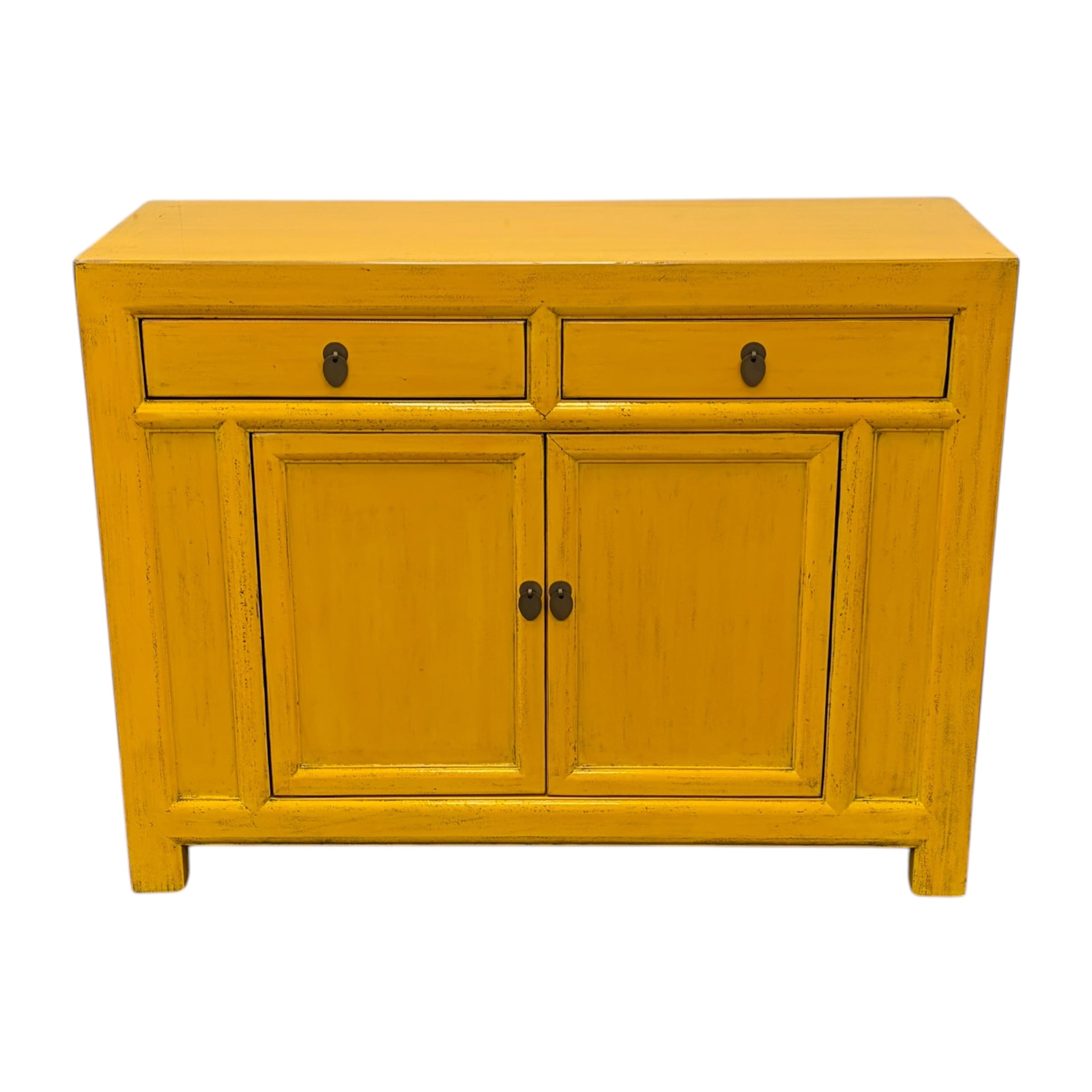 Front angled view of Elliot Sideboard in warm saffron yellow with distressed detailing and panelled doors