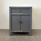 Far East solid timber bedside cabinet in distressed glossy grey lacquer with brass handles