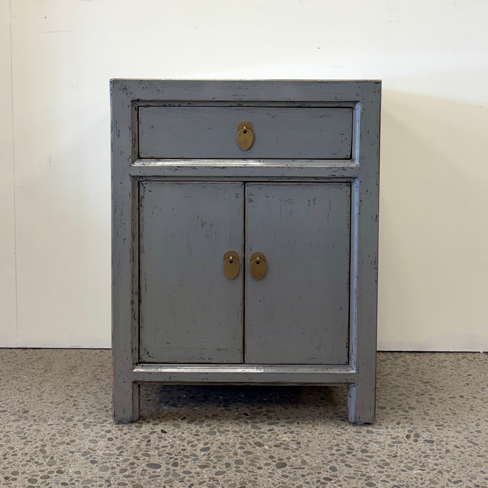 Far East solid timber bedside cabinet in distressed glossy grey lacquer with brass handles