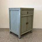 Far East solid timber bedside cabinet in distressed sage grey lacquer with brass handles