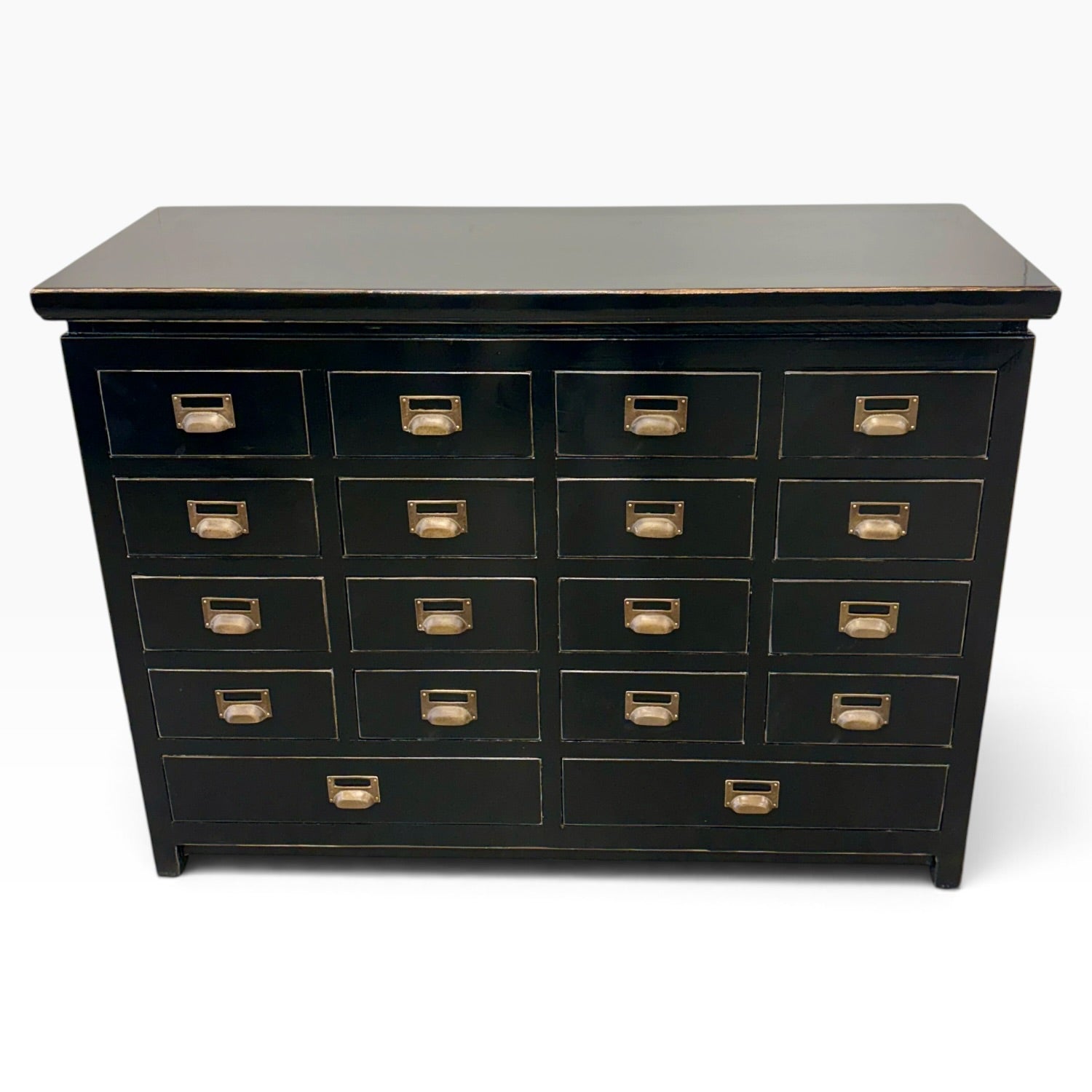 Elevated front view of Franklin 18 Drawer Cabinet showing multiple storage drawers and black timber top