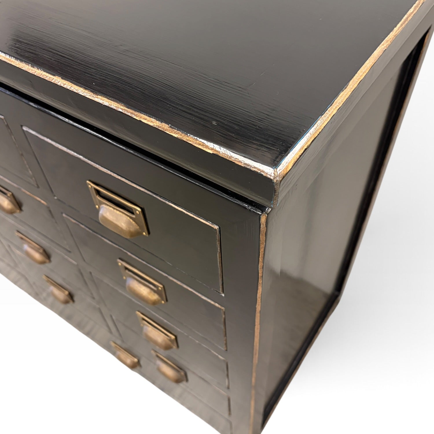 Close-up of Franklin 18 Drawer Cabinet showing black painted finish with subtle distressed edge detailing