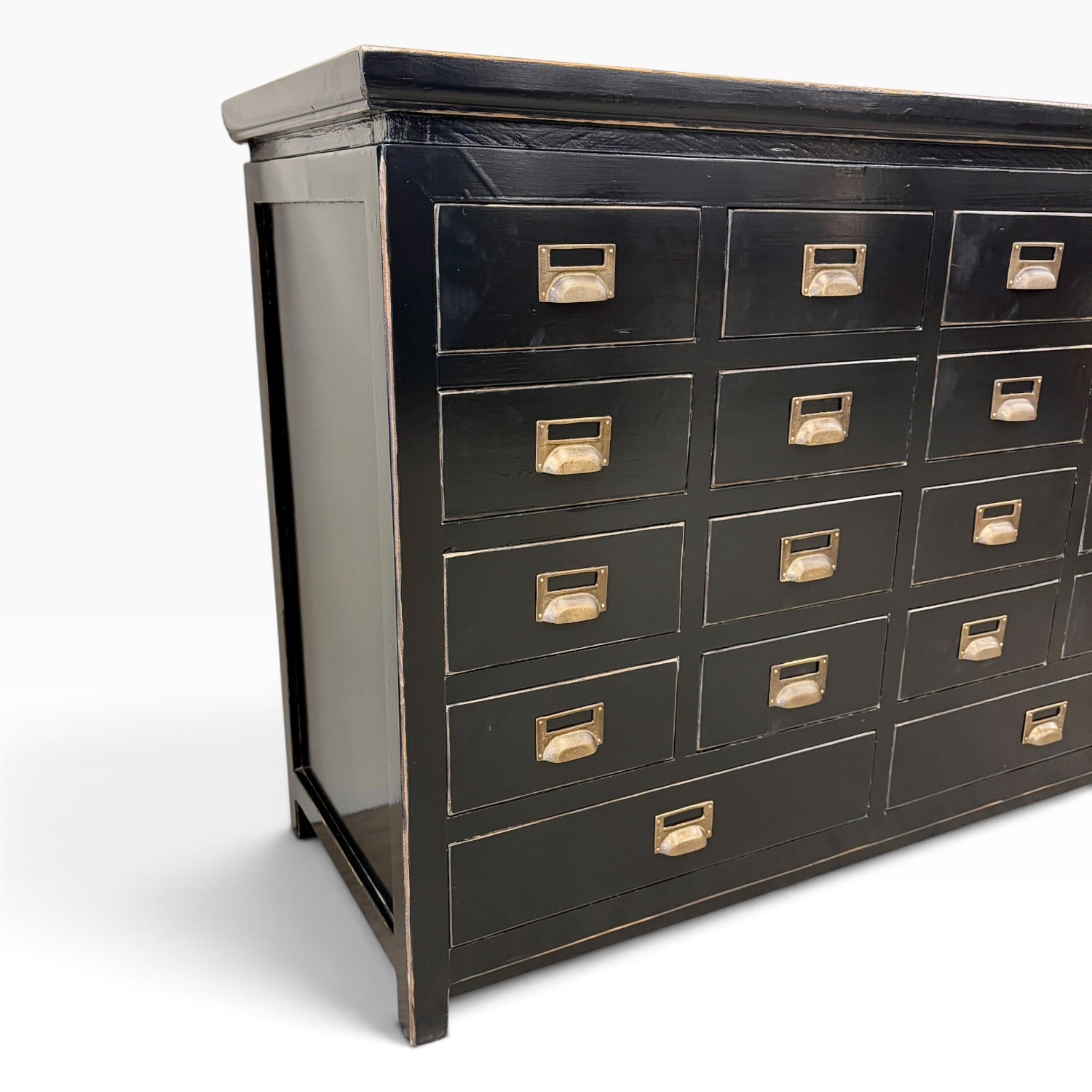 Side angled view of Franklin 18 Drawer Cabinet showing black finish, panelled side and brass-toned drawer handles
