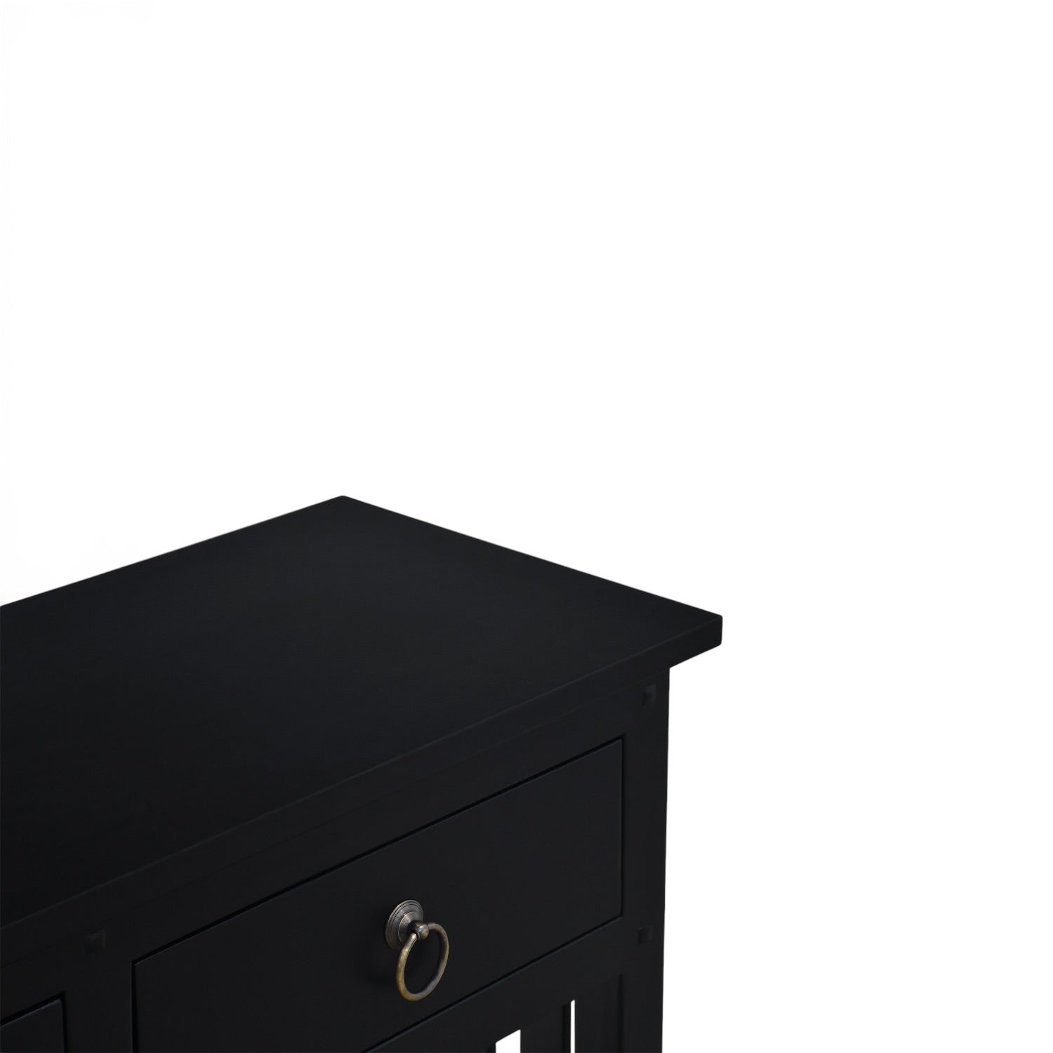 Close-up of the Major Console showing the crisp black mango wood top, drawer detailing and antique brass-style ring handle.