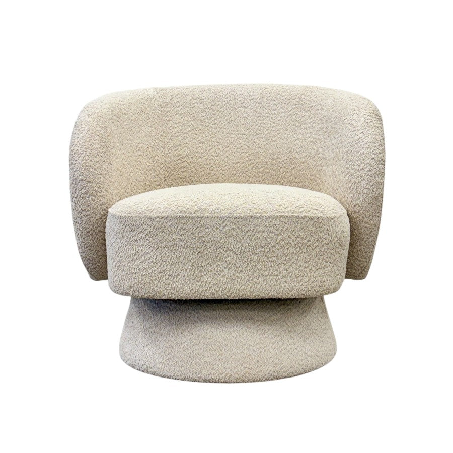 Jenna swivel armchair in Pebble fabric with a modern curved silhouette.