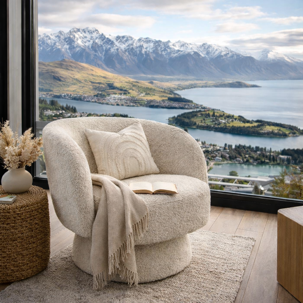 Jenna swivel armchair in Pebble paired with modern décor in a bright living space.