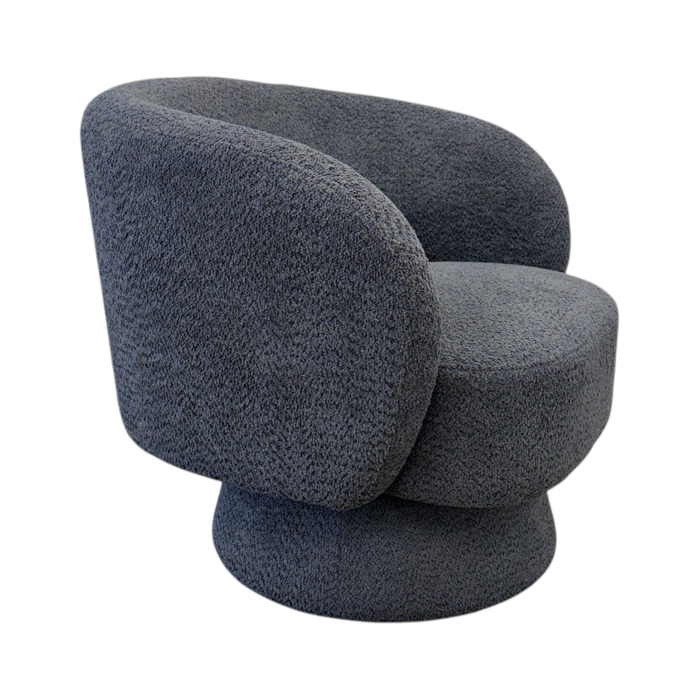 Side profile of the Jenna swivel armchair in Shadow with a concealed swivel base.