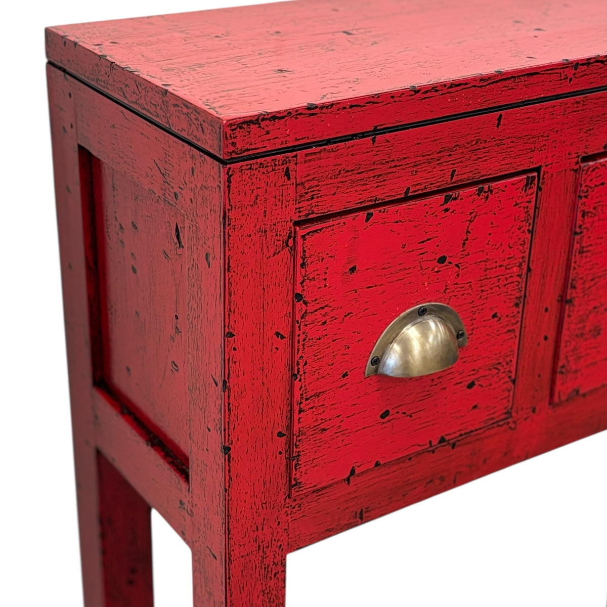 Close up of drawer detailing and finish of juniper console in chili red