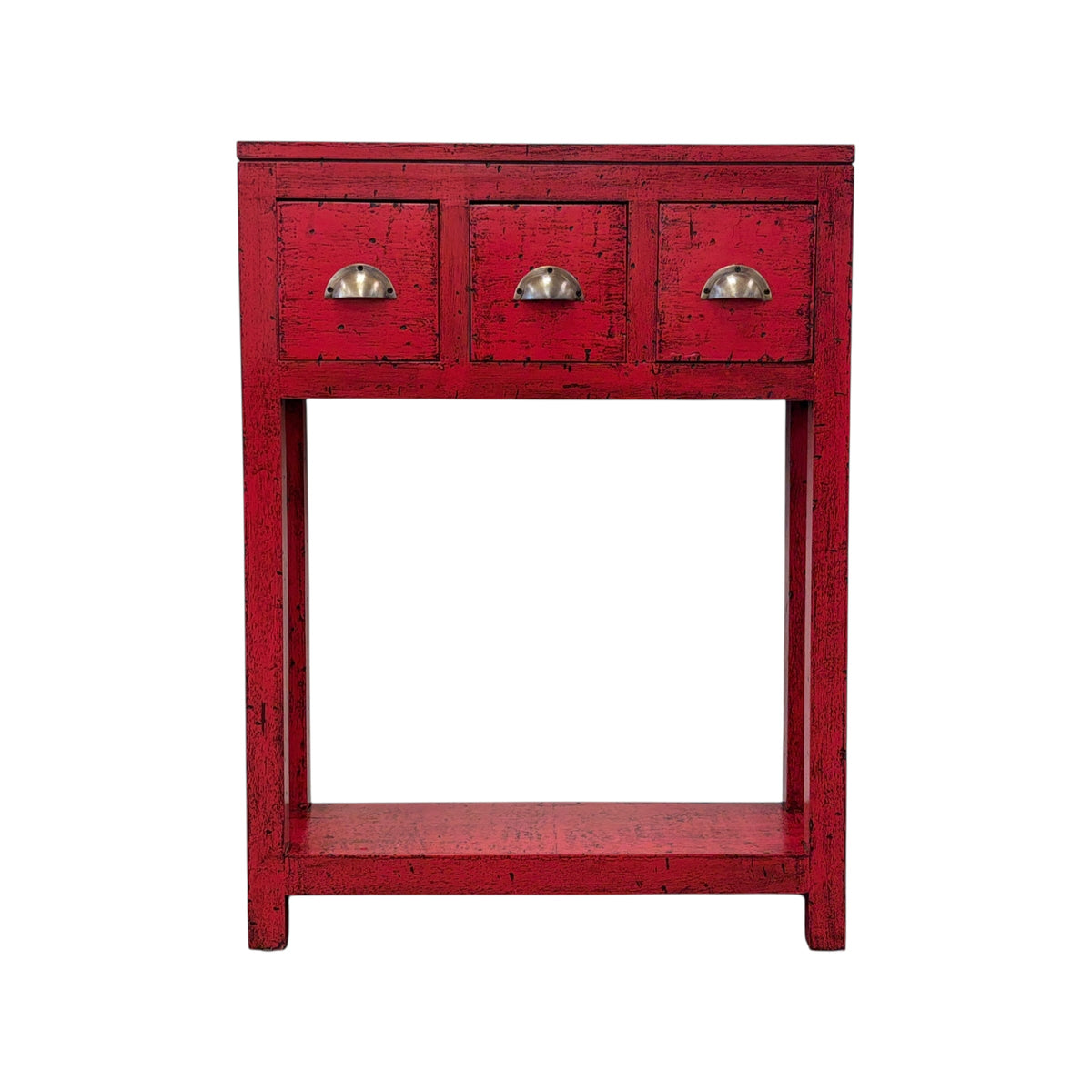 Painted console in bright chili red with three drawers and brass handles.