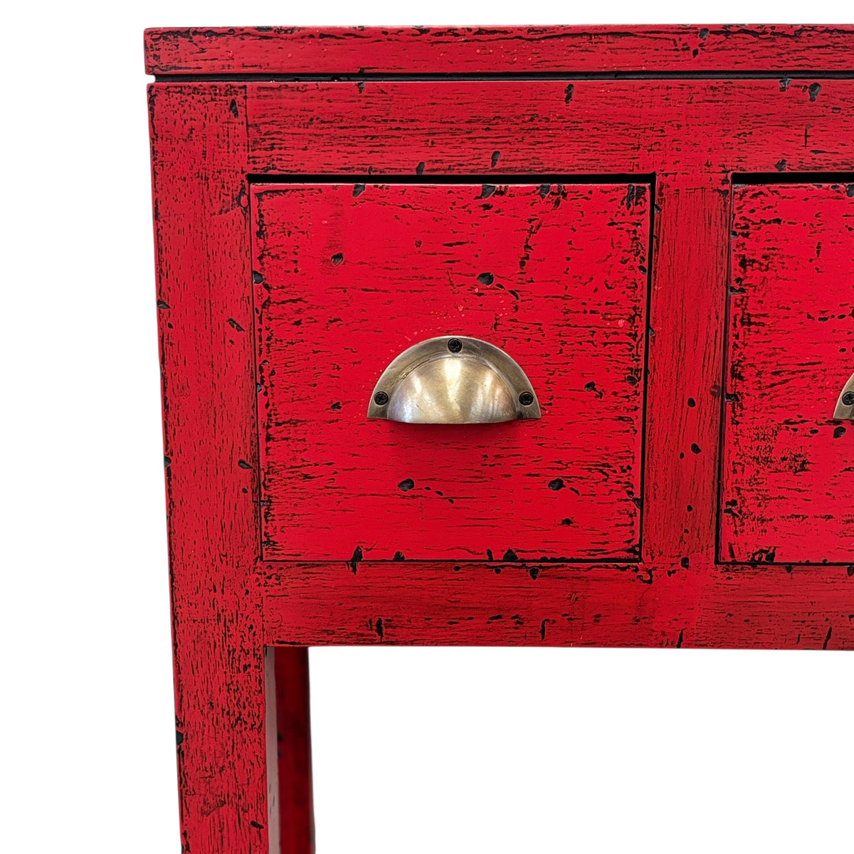 Close up of Juniper console in chilli red with brass handles and distressed finish