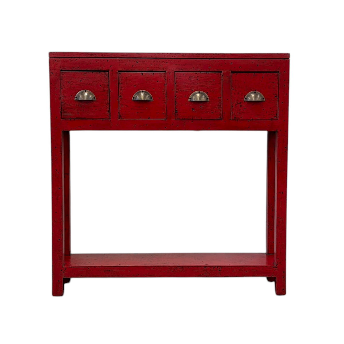 Painted console in bright chili red with four drawers and brass handles.