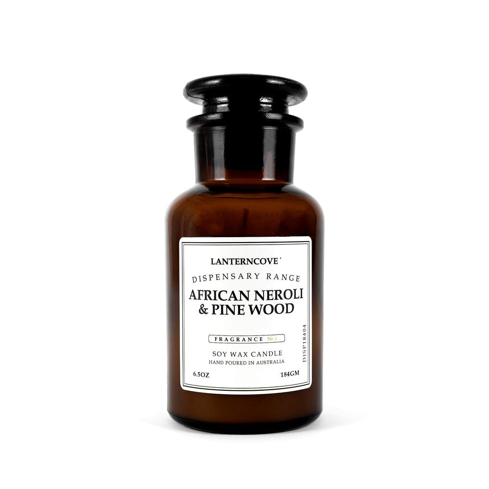 Lantern Cove African Neroli & Pinewood  soy wax candle in amber apothecary glass jar