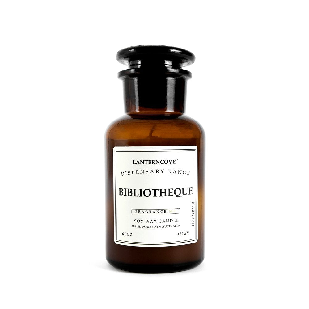 Lantern Cove  Bibliotheque soy wax candle in amber apothecary glass jar