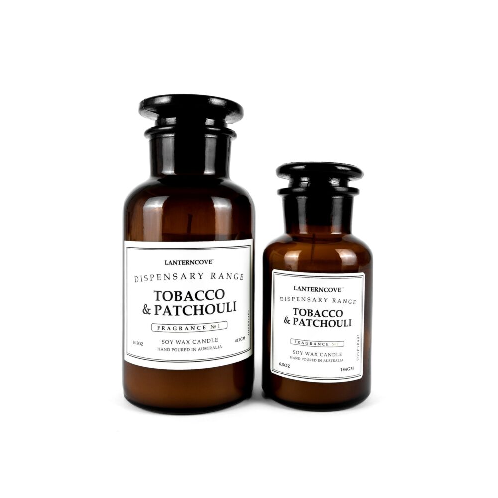 Lantern Cove Tobacco & Patchouli Dispensary soy candles in amber glass jars