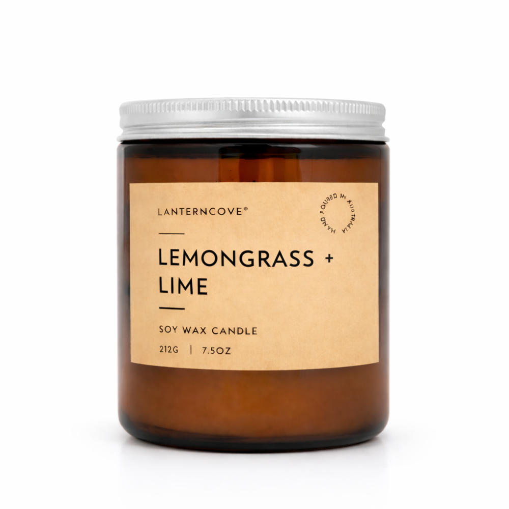 Lantern Cove Lemongrass & Lime soy wax candle in amber apothecary glass jar