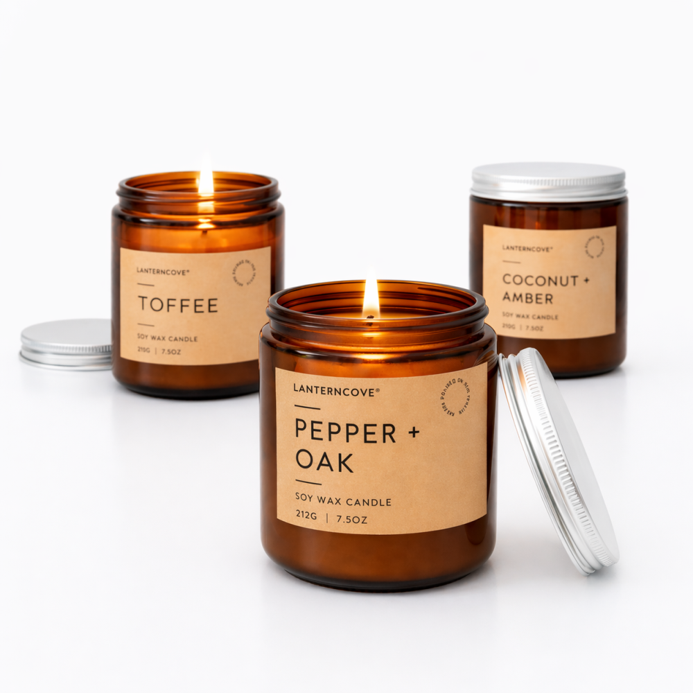 Lanter Cover hand poured soy candles with tin lid featuring Pepper & Oak Candle