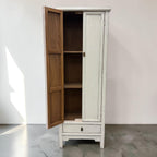 Lina white cupboard with door open showing timber interior and internal storage shelves