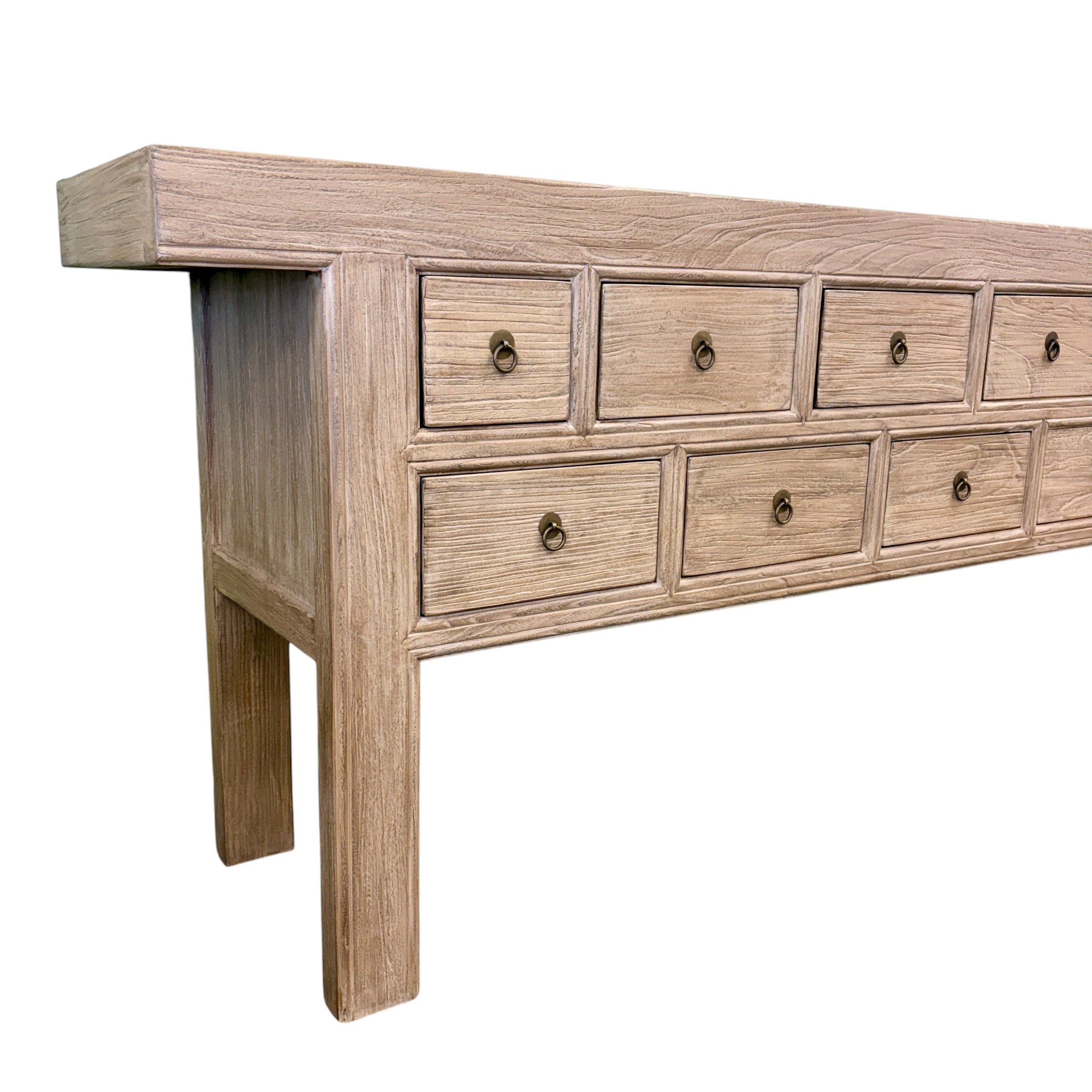 Angled view of Oslo 13 drawer elm console showing natural timber grain and metal ring handles