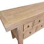 Close-up of Oslo 13 drawer console showing elm timber grain, framed drawers and ring handles