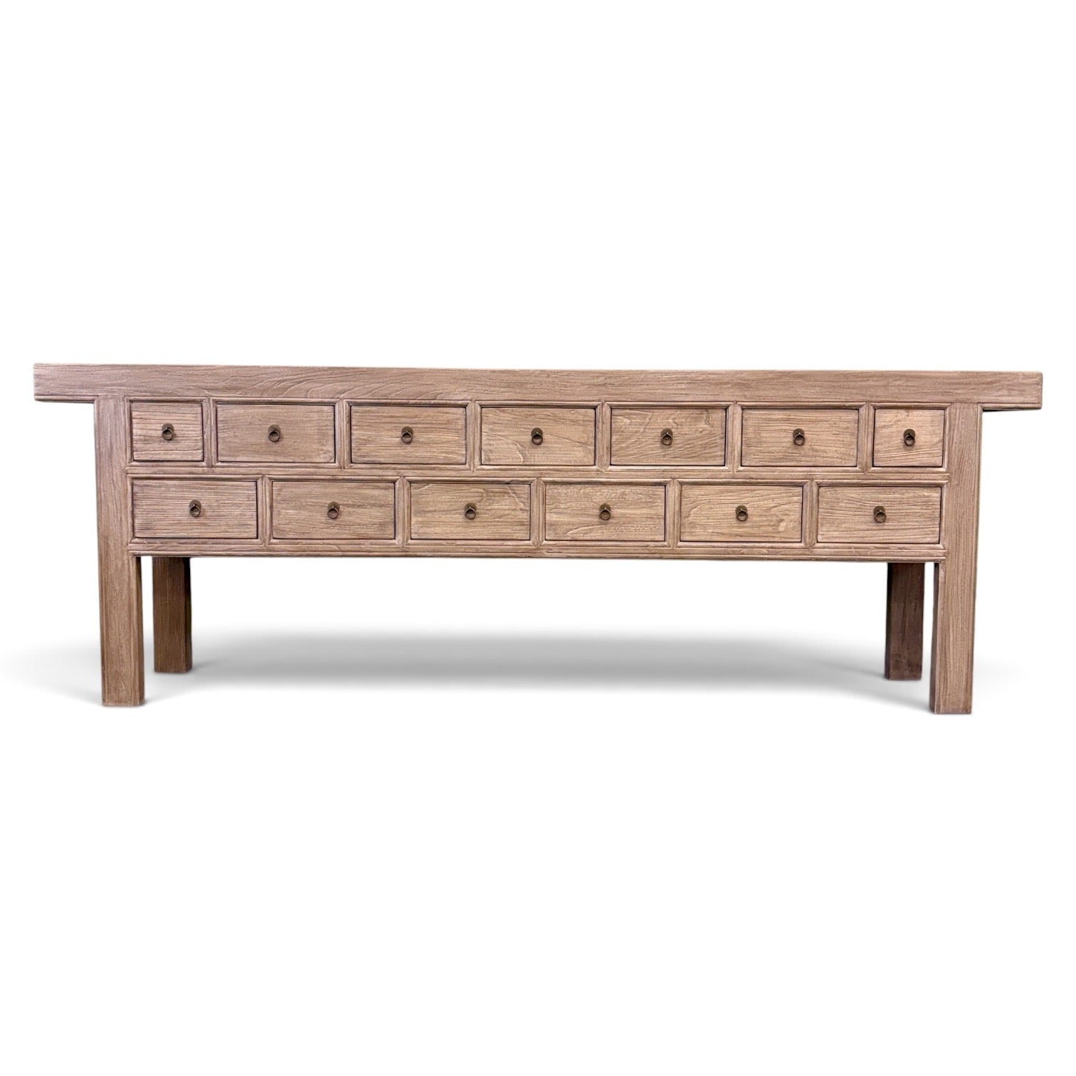 Oslo 13 drawer console made from elm with natural timber finish and metal ring handles