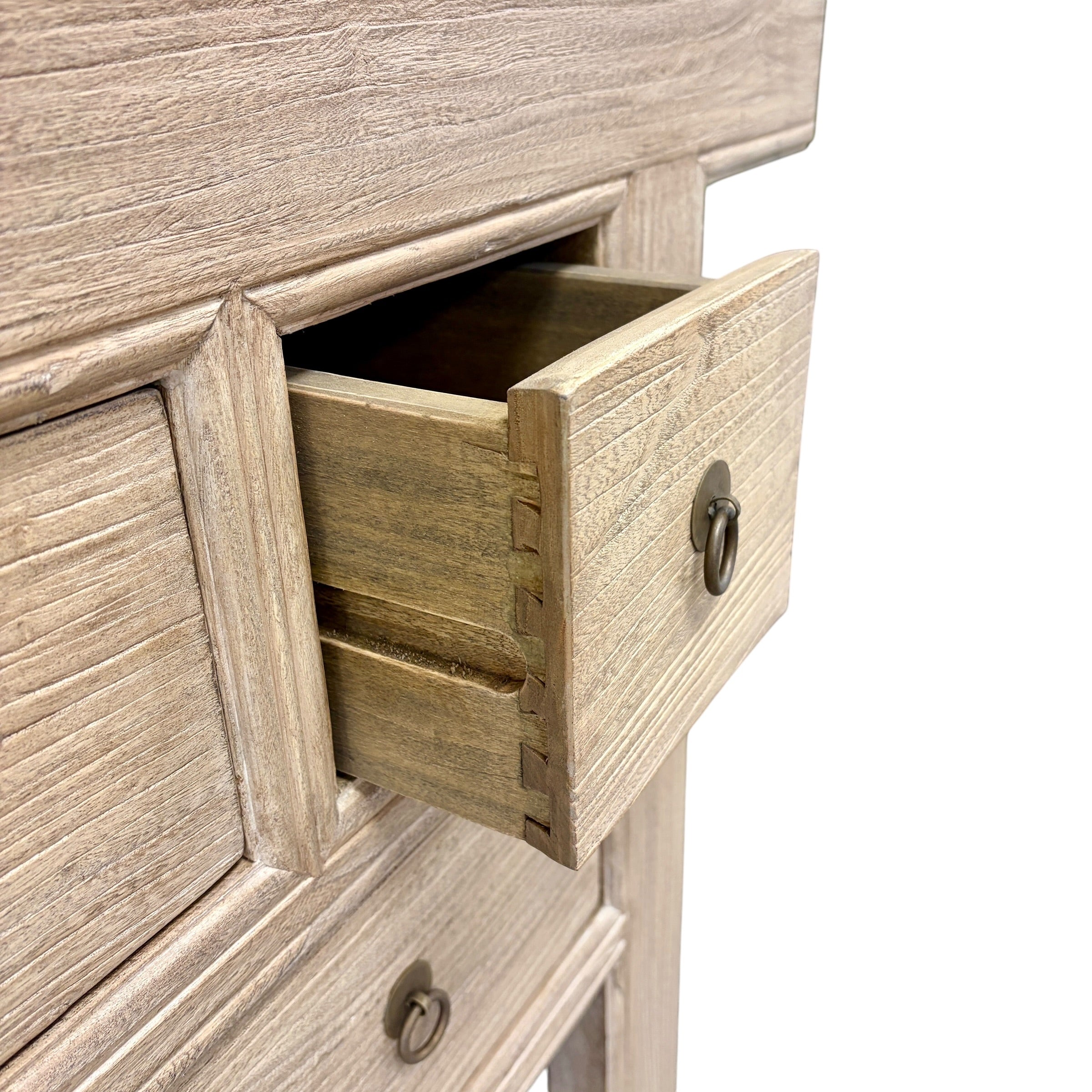 Open drawer detail of Oslo elm console showing solid timber construction and dovetail joints