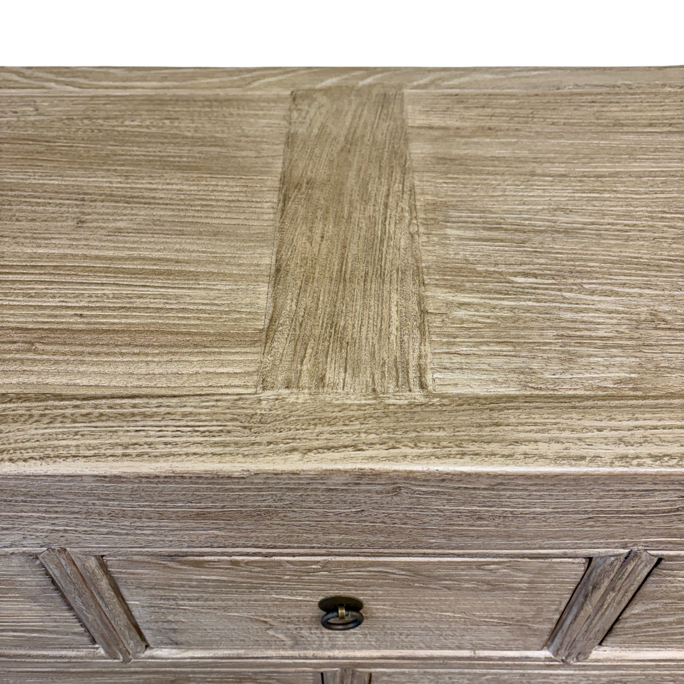 Close-up of Oslo elm console top showing the natural grain and textured timber finish