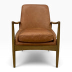 Front view of Portobello Chair with toffee leather upholstery, cushioned seat and solid oak frame