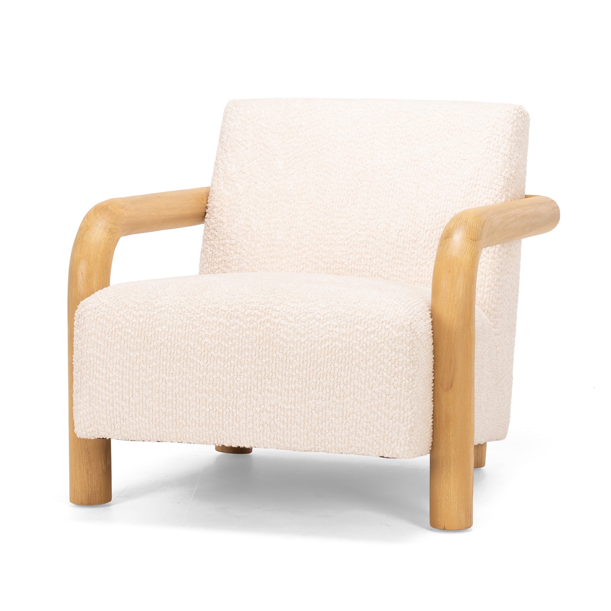 Angled view of the Post armchair, showcasing its solid timber frame and upholstered seat.