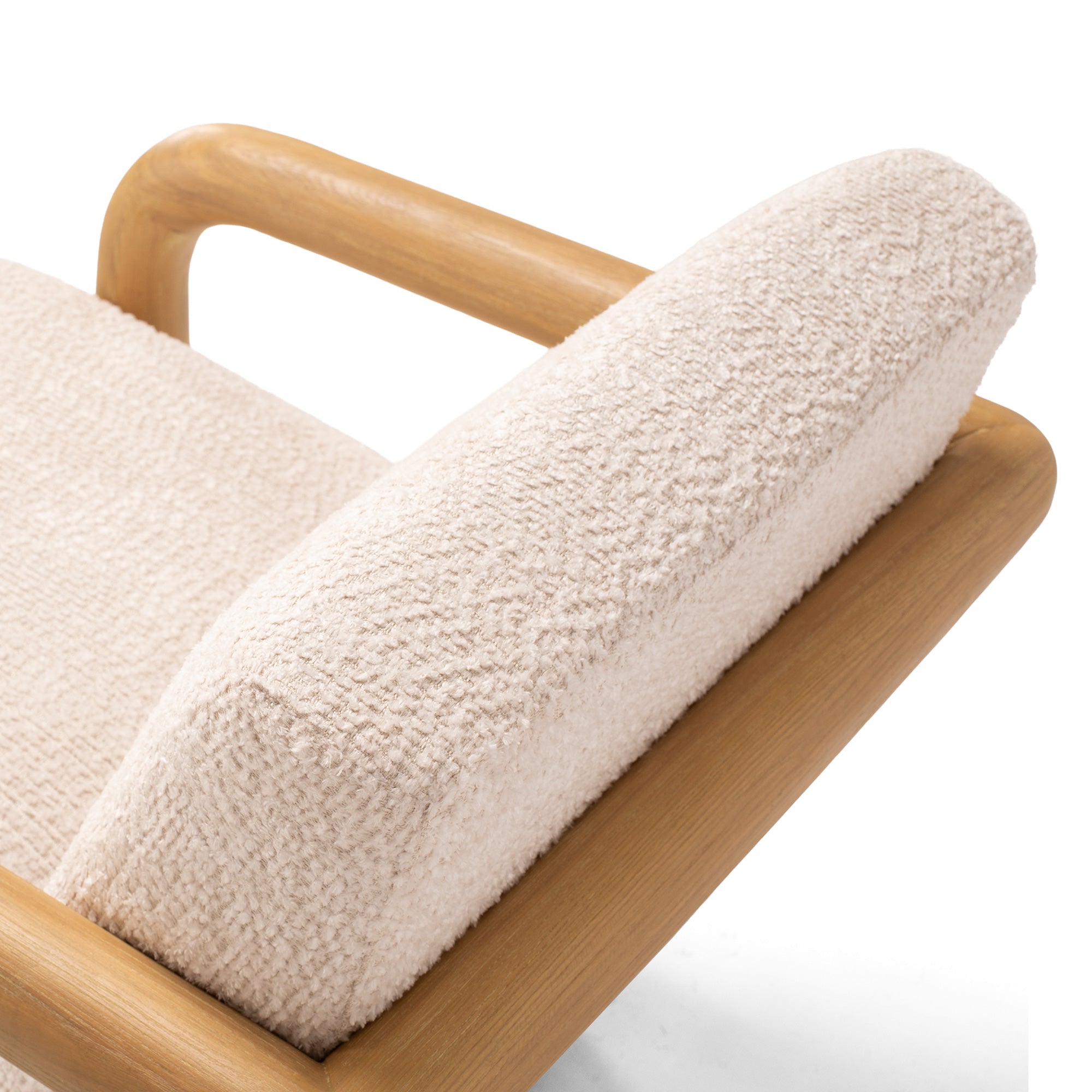 Overhead view of the Post armchair, showing the upholstered seat, backrest and solid timber arms.