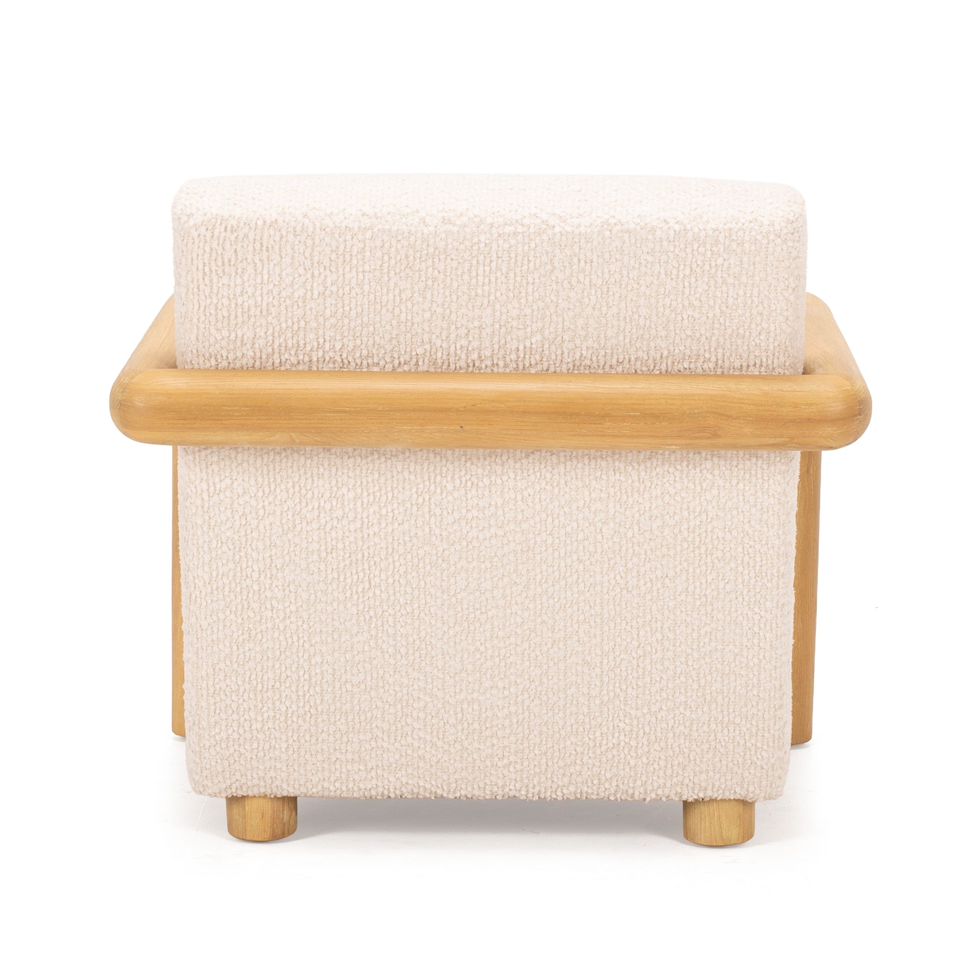 Rear view of the Post armchair, highlighting its timber frame and upholstered backrest.