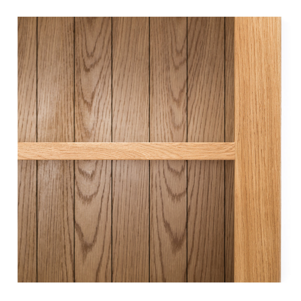 Close up of Salisbury Bookcase showing natural American white oak grain and hand waxed finish