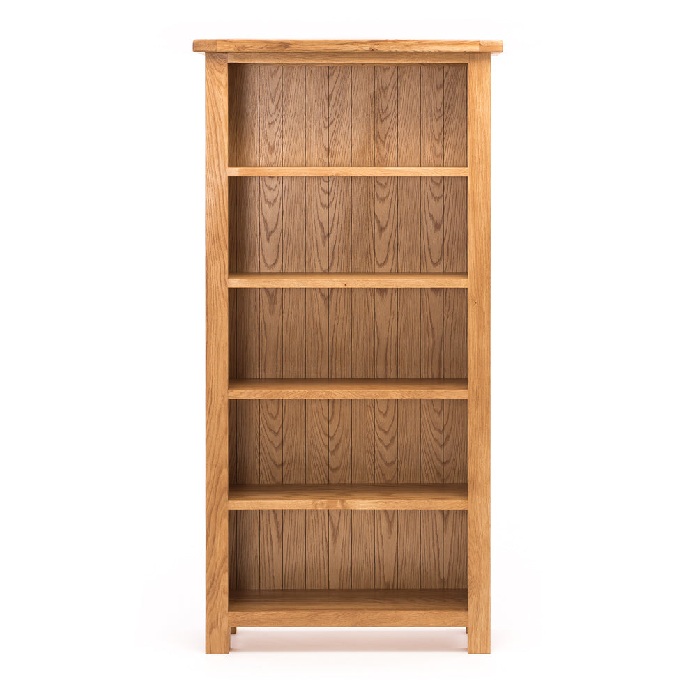 Salisbury Bookcase front view with natural oak finish and five open shelves