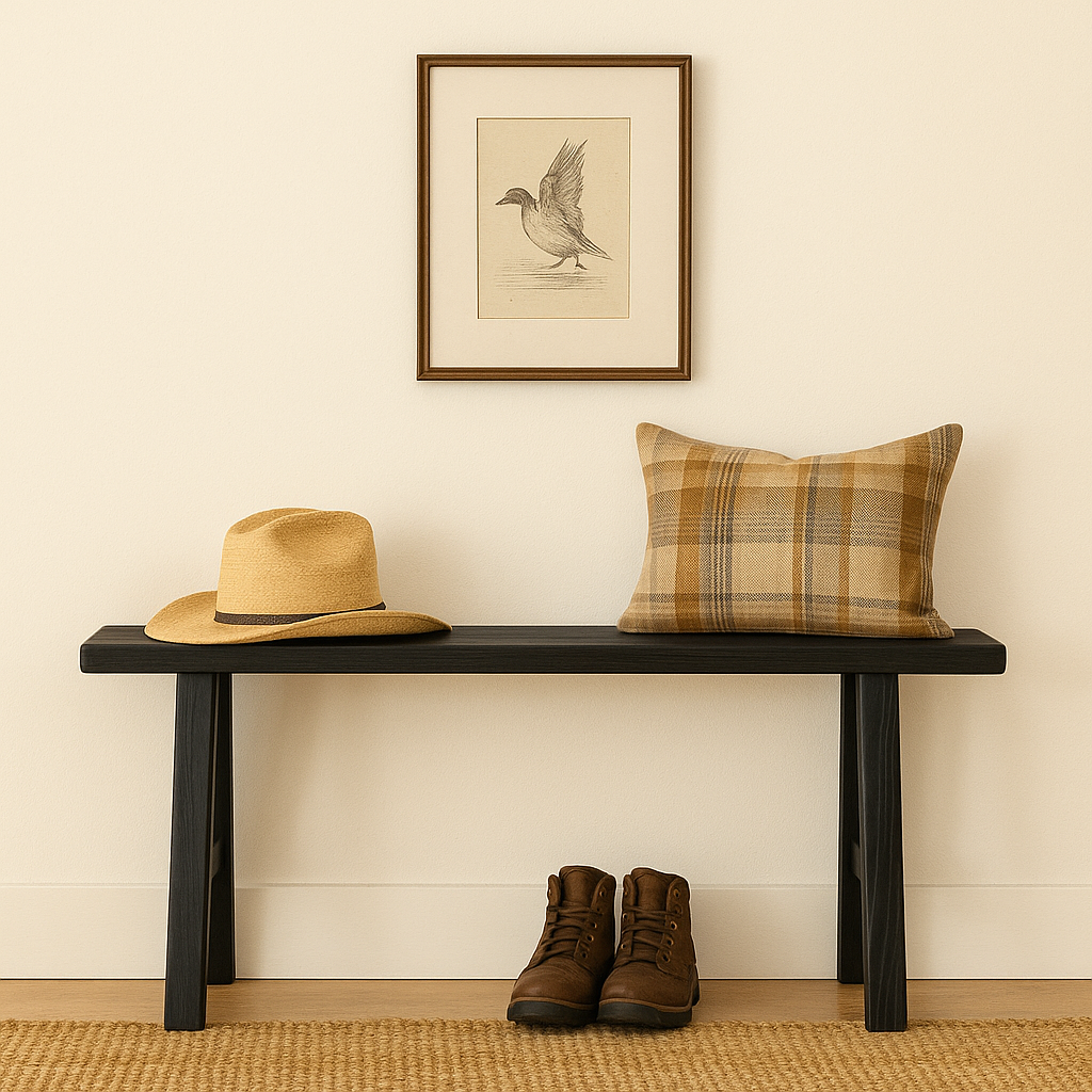 Sammy Bench in black rustic elm styled in an entryway with cushion and home decor