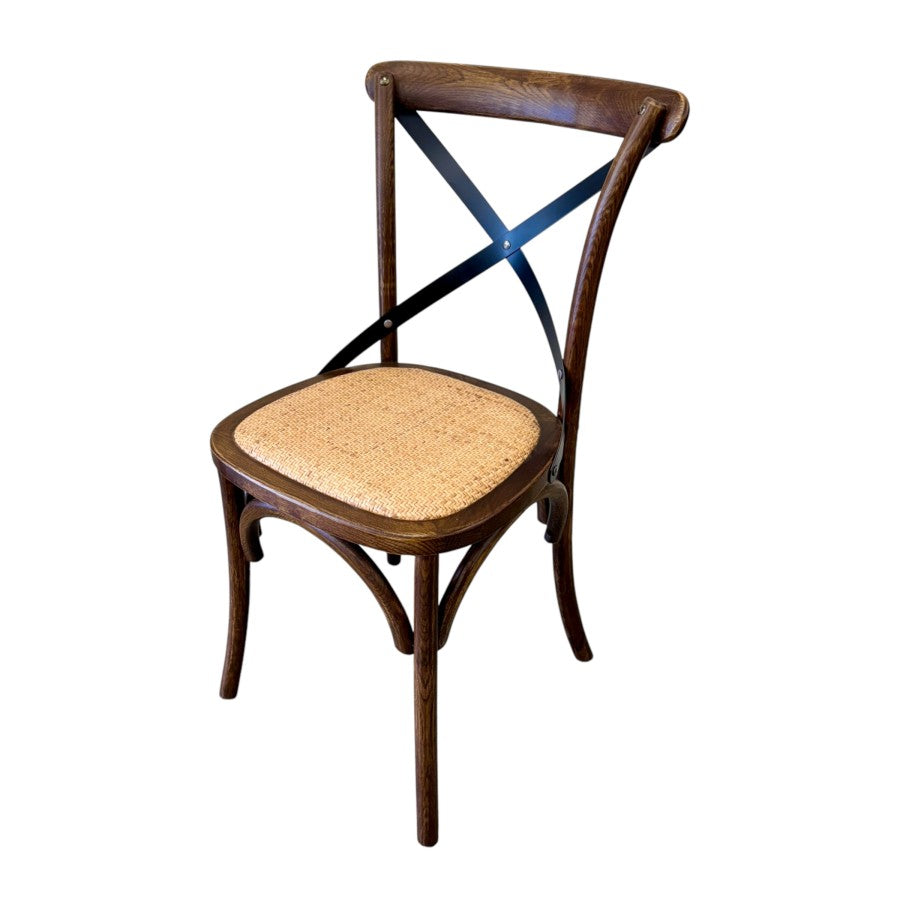 Villa cross back dining chair in deep oak with rattan seat, metal back support and bentwood leg